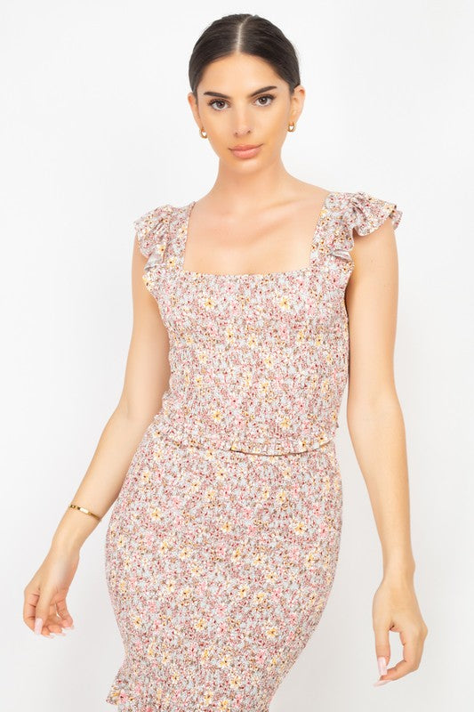 Smocking Ruffled Floral Top & Skirt Set